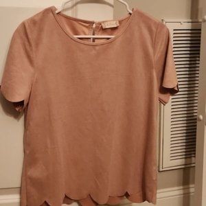 Pink Faux Suede Top w/ Scalloped Detail on Sleeves & Hem